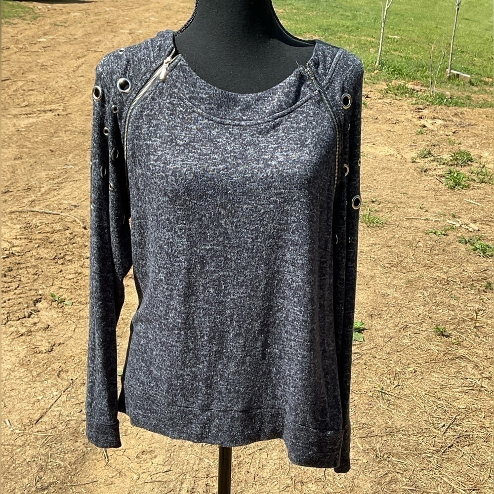 Always Indigo sweater. Size L. Decorated with zippers and grommets.